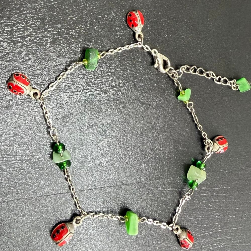 Silvertone Ladybug & Stone Charm Bracelet Green Red 12"